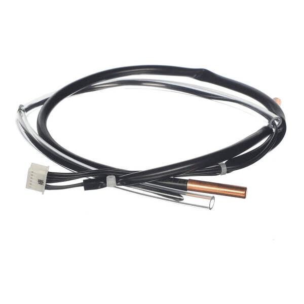 A coiled black cable with a white connector on one end and a copper cylindrical sensor on the other end.