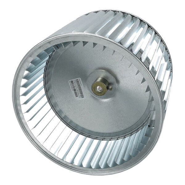 A metal cylindrical fan wheel with evenly spaced blades and a central mounting hub.