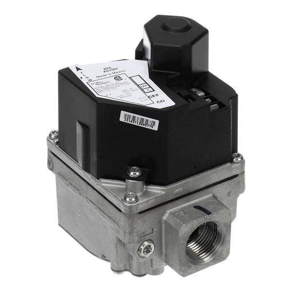A metal and plastic gas valve with a threaded pipe connection and a labeled control unit on top.