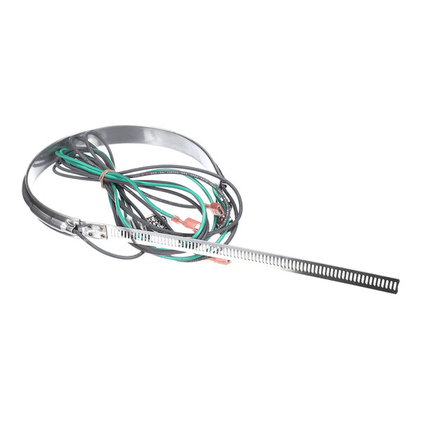 A metal band with attached electrical wires and connectors, likely used as a heating element for mechanical or HVAC applications.