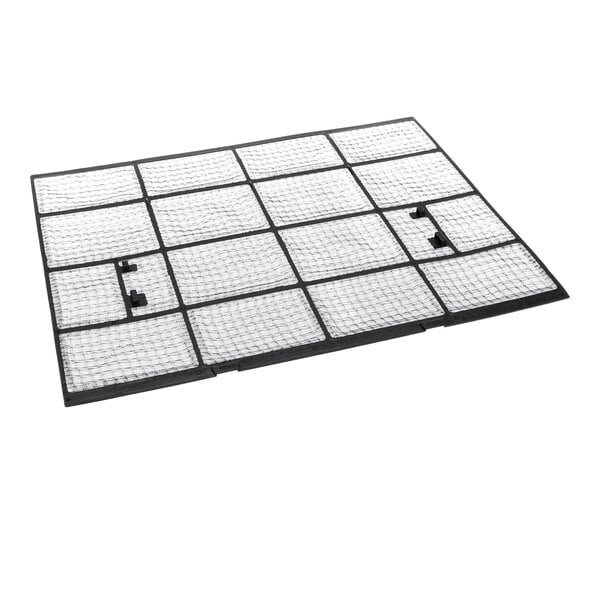 A rectangular mesh filter with a black grid frame and several small clips attached.