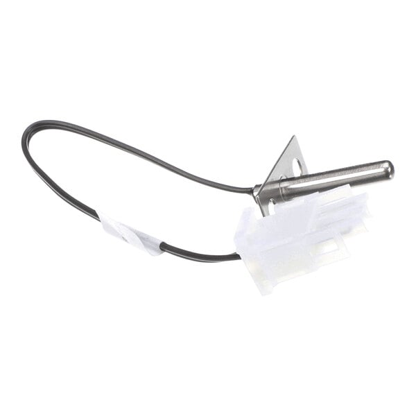A small electronic component with a cylindrical metal sensor, a mounting flange, a black wire, and a white plastic connector.