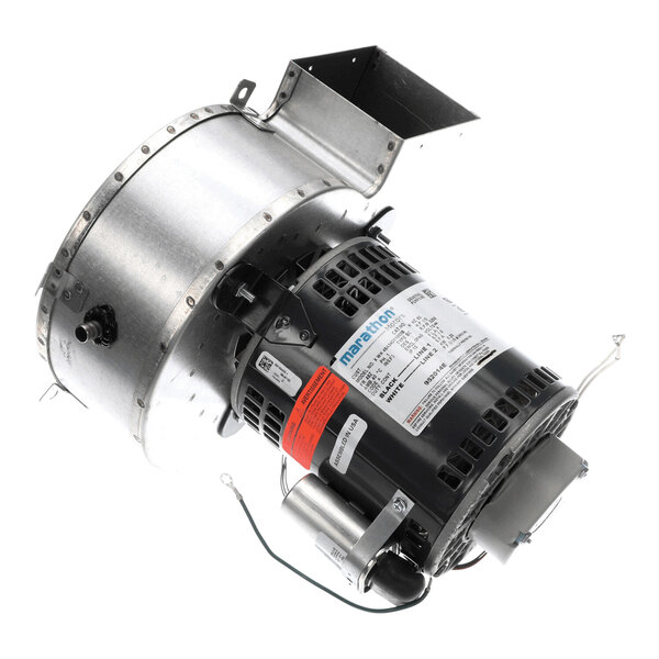 A metal blower and motor assembly with a cylindrical housing, attached wiring, and a visible product label.