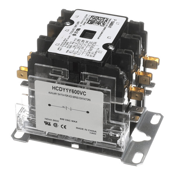 A three-pole electrical contactor with an auxiliary switch, featuring multiple connection terminals and a labeled front panel.