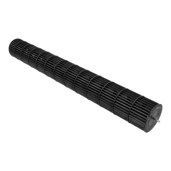 A cylindrical black fan with evenly spaced blades and a metal shaft protruding from one end.