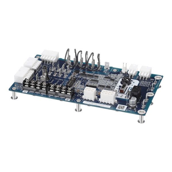 A blue electronic circuit board with various connectors, components, and metal standoffs visible.