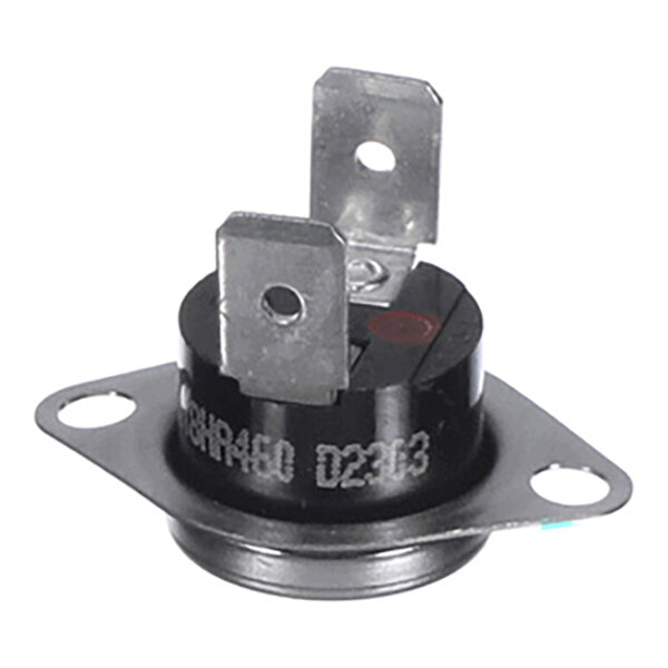 A small round electronic component with two metal terminals and a mounting flange with two holes.