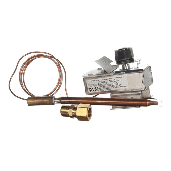 A metal thermostat assembly with a coiled copper tube, a brass fitting, and a control knob.