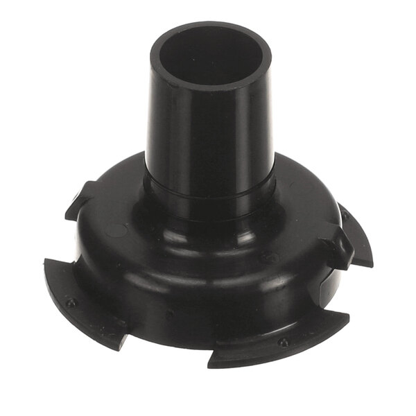 A black, round plastic component with a central cylindrical opening and several notches around its base.