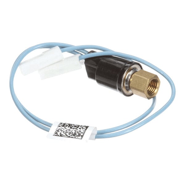 A small electronic component with a brass fitting, black housing, and attached blue wires with white connectors.