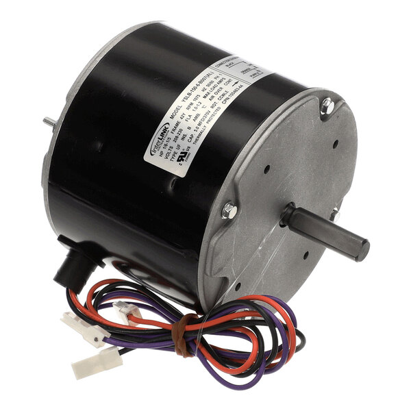 A cylindrical electric motor with a black housing, a metal mounting plate, a protruding shaft, and several colored wires attached.