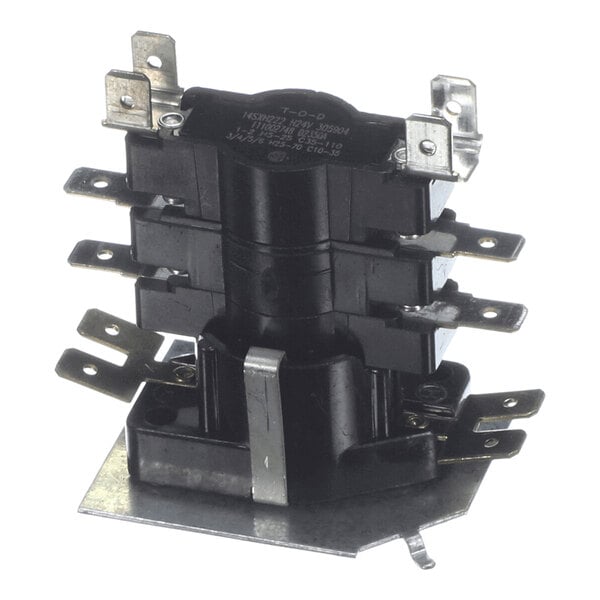 A black and metallic electrical relay component with multiple terminals and a mounting plate.