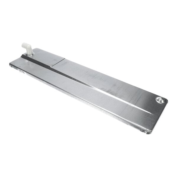 A rectangular metallic tray with a raised edge, a small white elbow fitting on one end, and a smooth reflective surface.