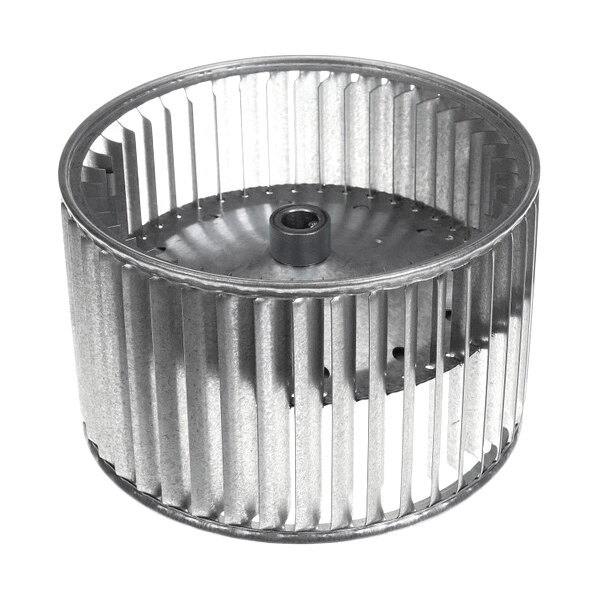 A cylindrical metal fan wheel with evenly spaced blades and a central hub.