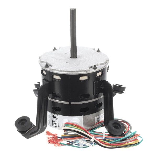A cylindrical electric motor with a central shaft, black mounting brackets, and multiple colored wires extending from the base.