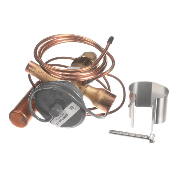 A metal thermal expansion valve assembly with coiled copper tubing, a mounting bracket, and a screw.