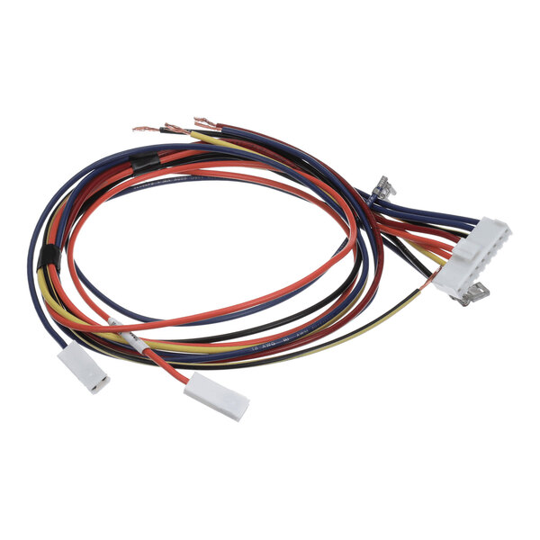 A bundle of multicolored electrical wires with connectors and exposed ends.