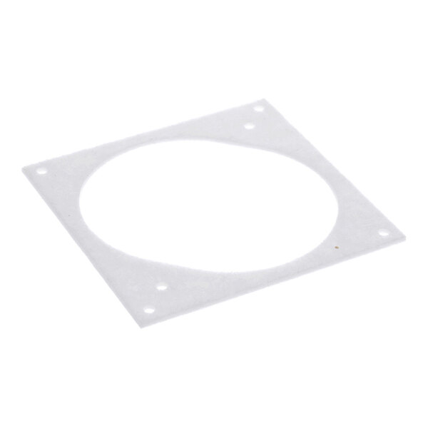 A thin, square, white gasket with a large central circular cutout and four smaller holes near each corner.