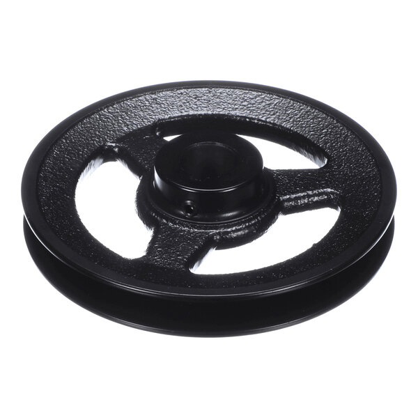 A black metal pulley wheel with a central hub and three spokes.