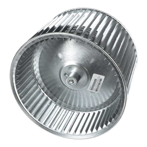 A metal cylindrical fan wheel with evenly spaced blades and a central hub, viewed at an angle.