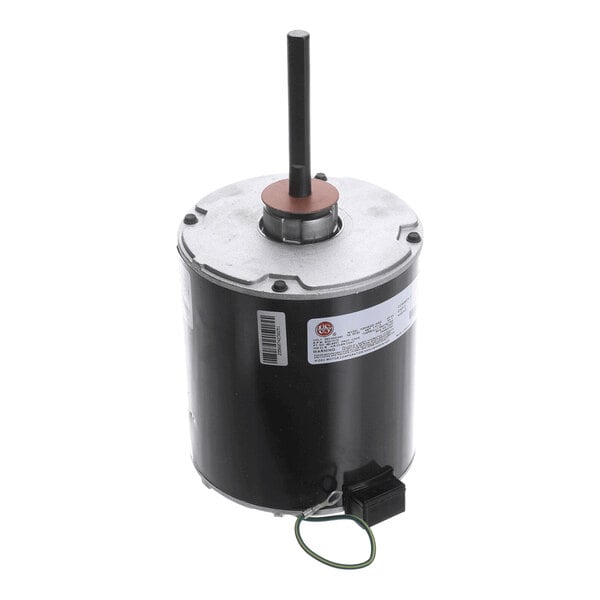 A cylindrical electric motor with a protruding shaft and attached wiring, featuring a label with technical specifications.