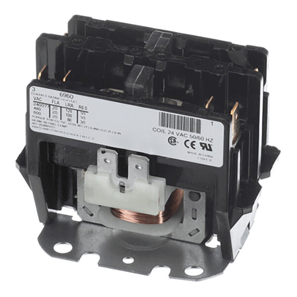 A black and metallic electrical contactor with a visible coil and labeled specifications on the front.