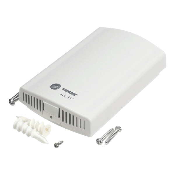 A rectangular white electronic device with vent-like openings, accompanied by screws and wall anchors.