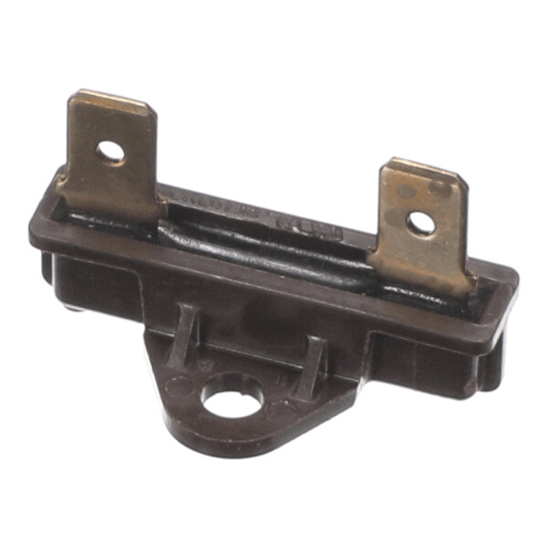 A small, rectangular component with two metal prongs and a mounting hole, likely an electrical or thermal safety device.