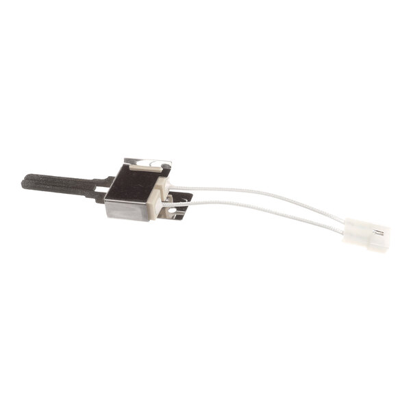 A small electronic component with a black rectangular element, metal housing, two white wires, and a white plastic connector.