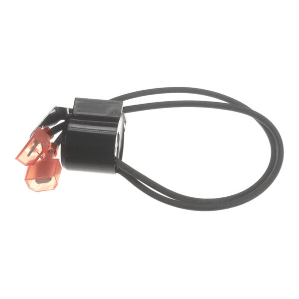 A black electrical component with two attached wires ending in orange connectors.