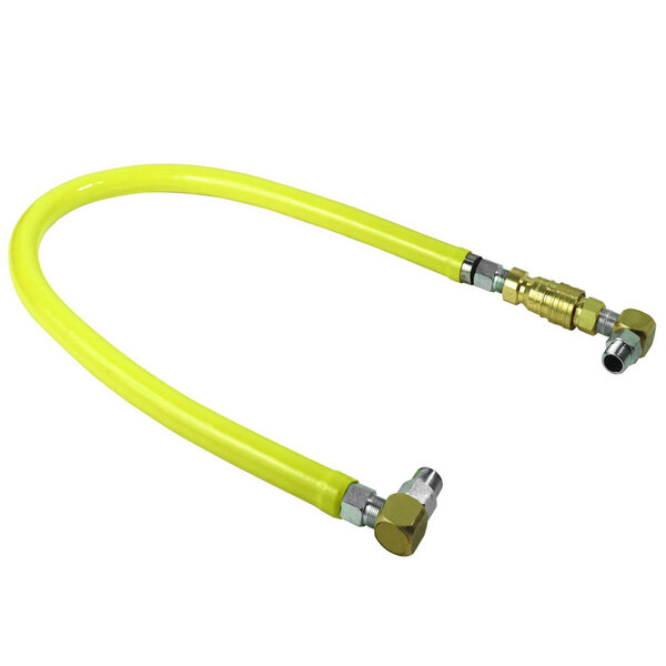 A yellow T&S gas connector hose with metal fittings.