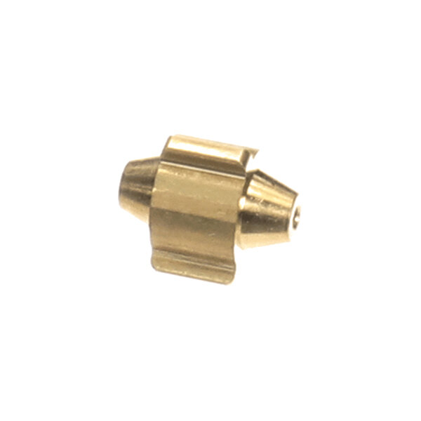 A small, metallic, cylindrical component with a hexagonal center and tapered ends, likely made of brass.