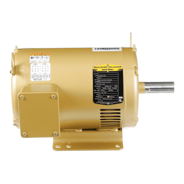 A gold-colored electric motor with a cylindrical body, mounting base, and a protruding metal shaft, featuring several labels and a vent on its side.