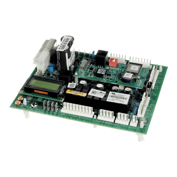 A green electronic circuit board with various components, connectors, and a small display screen mounted on it.