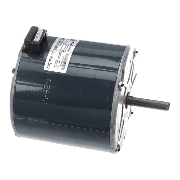 A cylindrical electric motor with a protruding shaft and a label on the side.