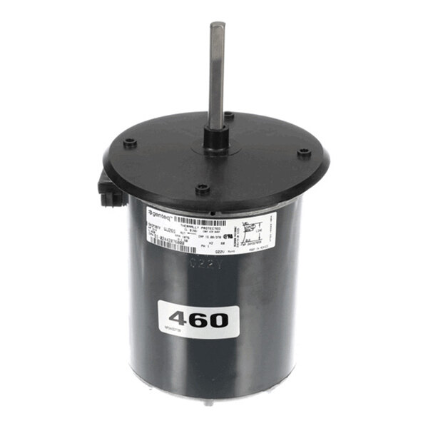A cylindrical black motor with a vertical shaft, a label marked '460,' and a white information sticker on the side.
