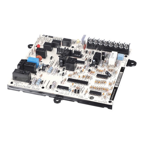 A rectangular electronic circuit board with various components such as capacitors, resistors, relays, and connectors mounted on its surface.
