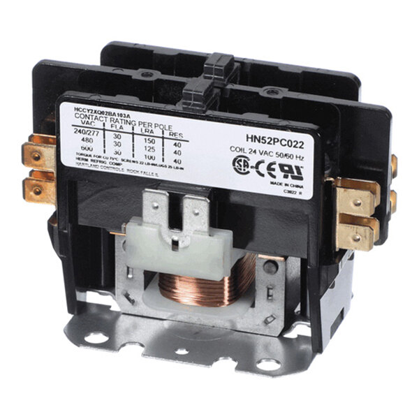 A black and metallic electrical contactor with a visible copper coil and labeled specifications on the front.