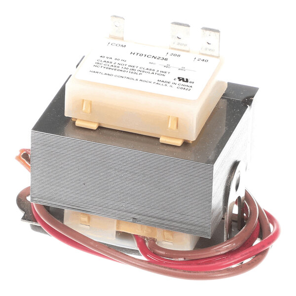 A metal and plastic electrical transformer with labeled terminals and attached red wires.