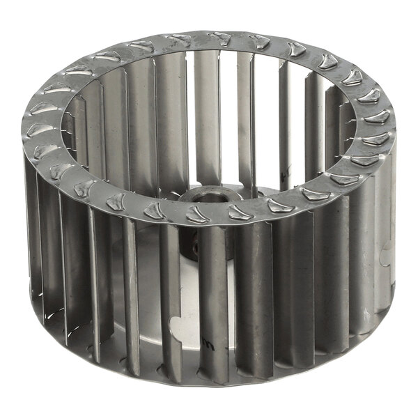 A cylindrical metal blower wheel with evenly spaced vertical blades and a central hub.