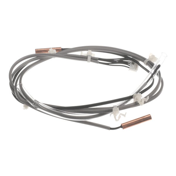 A coiled gray cable with white plastic clips and copper-tipped ends.