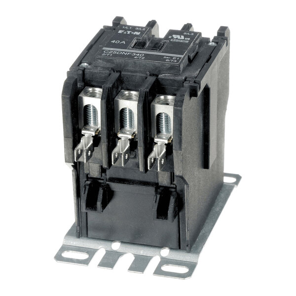 A black and metallic three-pole electrical contactor mounted on a metal base plate.