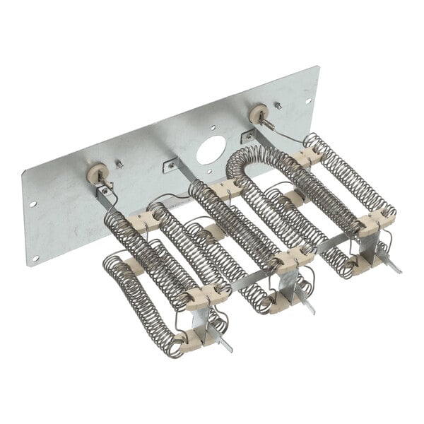 A metal plate with multiple coiled wire heating elements mounted on ceramic supports.