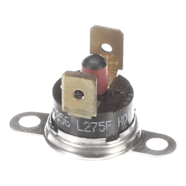 A small round electronic component with two metal terminals and mounting flanges, likely a temperature or limit switch.