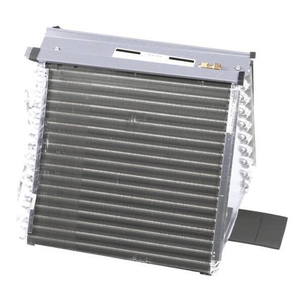 A metal component with a series of horizontal coils and fins, likely part of an HVAC system.