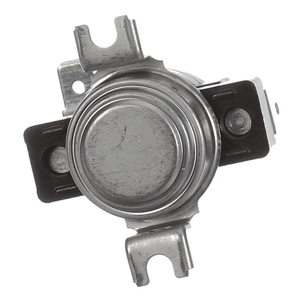 A round metallic component with two flat mounting brackets and two black plastic sections, likely an electrical or thermal switch.
