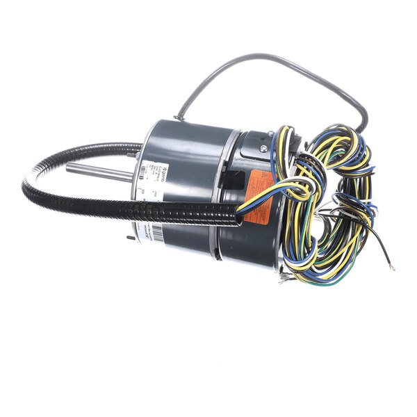 A cylindrical electric motor with a metal shaft, attached wiring, and bundled colored wires.