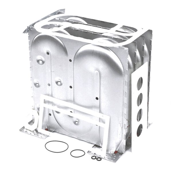 A metallic, rectangular heat exchanger assembly with rounded, embossed surfaces and several gaskets of different sizes placed in front of it.