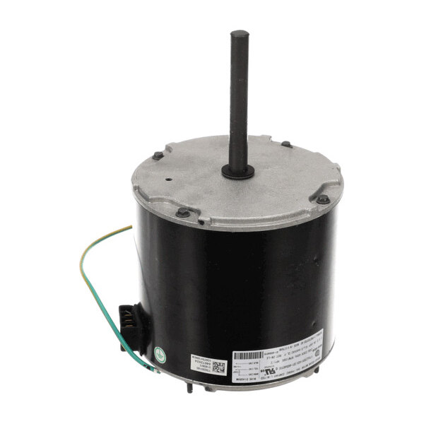 A cylindrical electric motor with a protruding shaft, black housing, and attached wires.