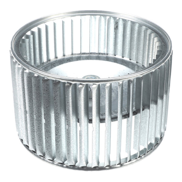 A cylindrical metal fan wheel with evenly spaced blades and a central hub.